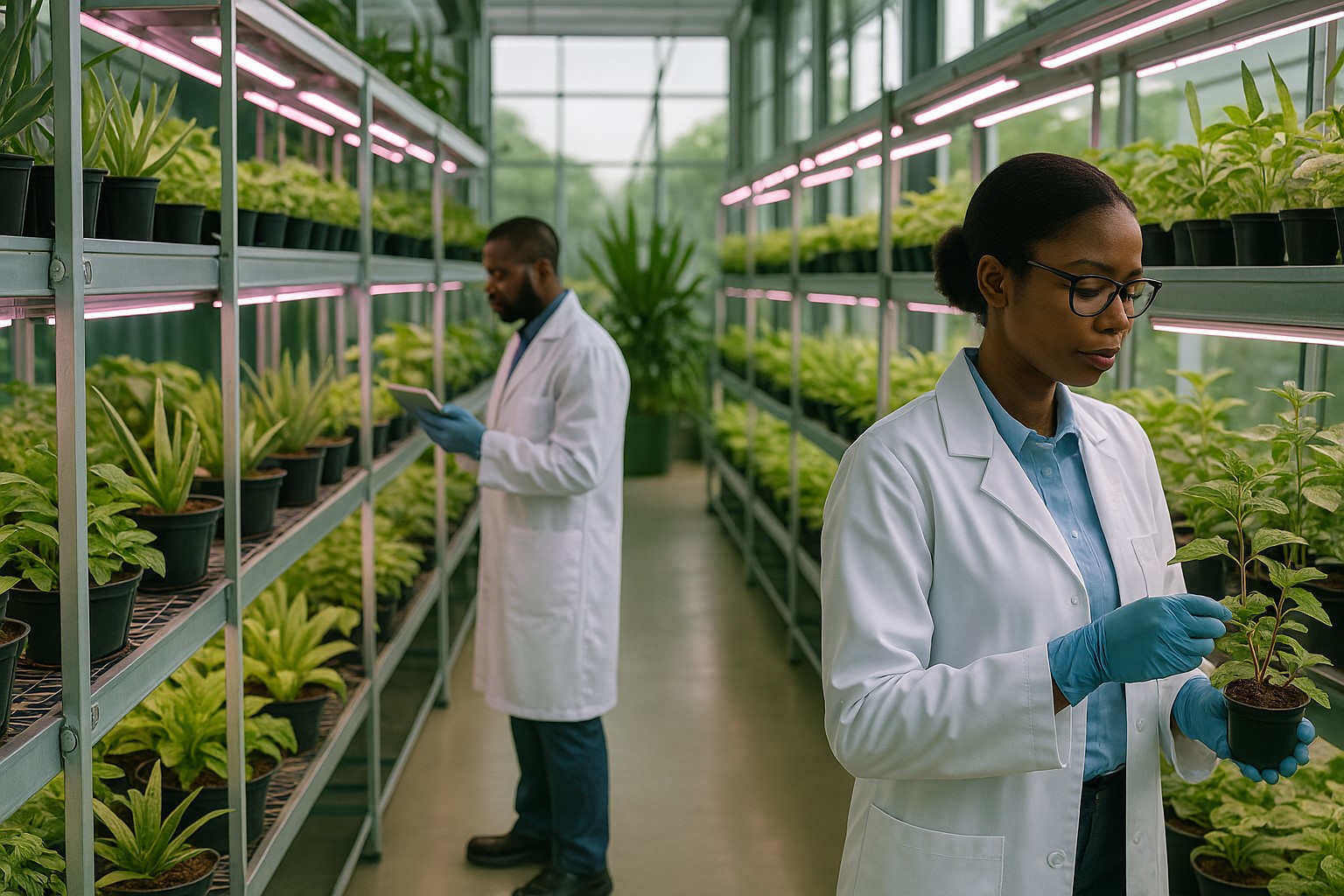 Researchers working in a controlled botany lab with plants and technology